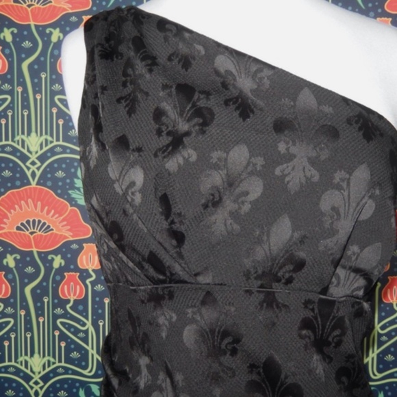 Nicole Miller Collection One Shoulder Dress Black Fleur De Lis Jacquard Cocktail - Picture 3 of 6